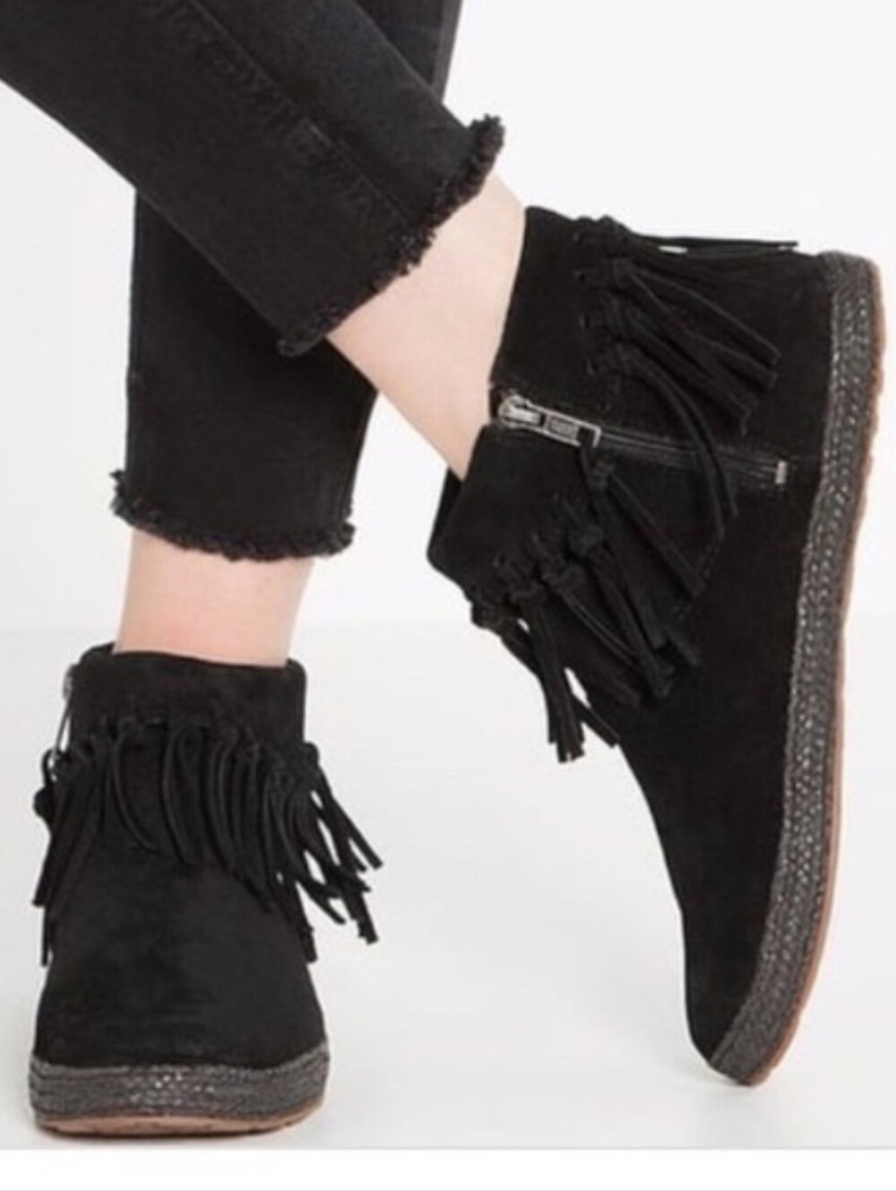 Ugg Shenendoah Women's Black Leather Suede Fringe Ankle Zip-up Booties 8